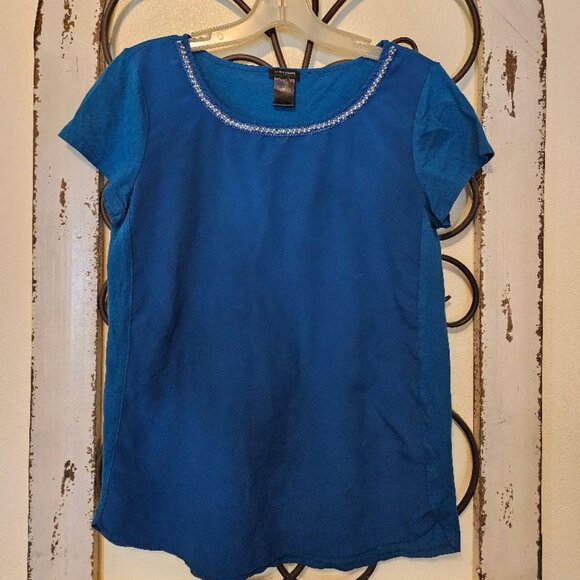 Ann Taylor Blue Sequin round Collar Shirt Blouse XS - Picture 1 of 4